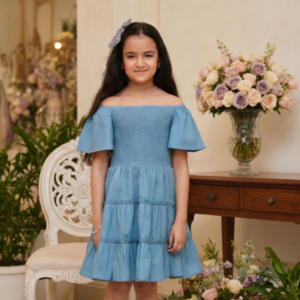 Mira & Mini Blue Orchid Cotton Dress with Smocking & Bell Sleeves – Girls 6-14 Years