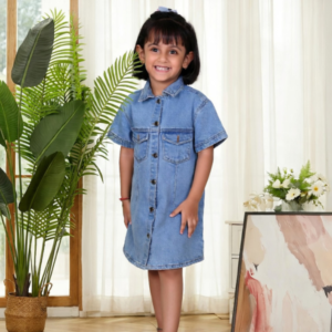 Mira & Mini Blue Denim Shirt Dress – 100% Cotton Solid Shirt Dress for Girls 6–14 Years