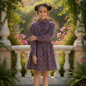 Mira & Mini Girls Black & Pink Floral Micro Printed Fit & Flare Dress – 100% Cotton Long Sleeve Shirt Collar Dress (6–14 Years)