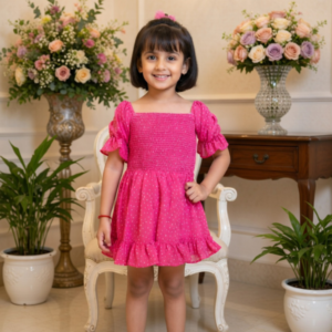 Mira & Mini Pink Georgette Polka Dot Dress with Smocked Bodice & Bell Sleeves – Kids 2–5 Years