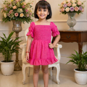 Mira & Mini Pink Georgette Polka Dot Dress with Smocked Upper – Girls 6-14 Years